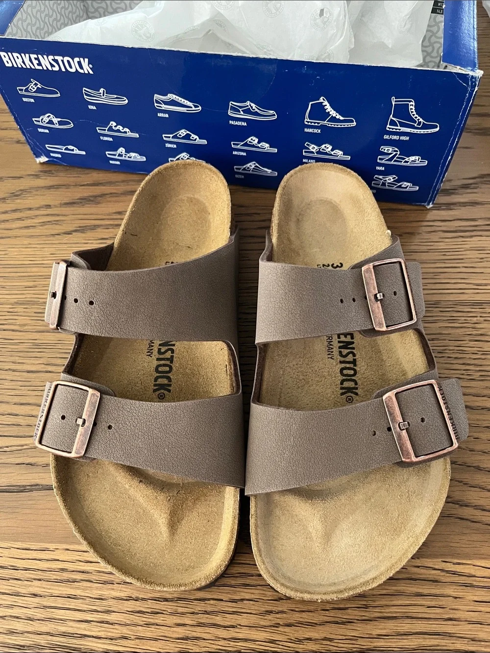 Birkenstock Arizona Two-Strap Sandal in Mocca with Rose Gold Buckles